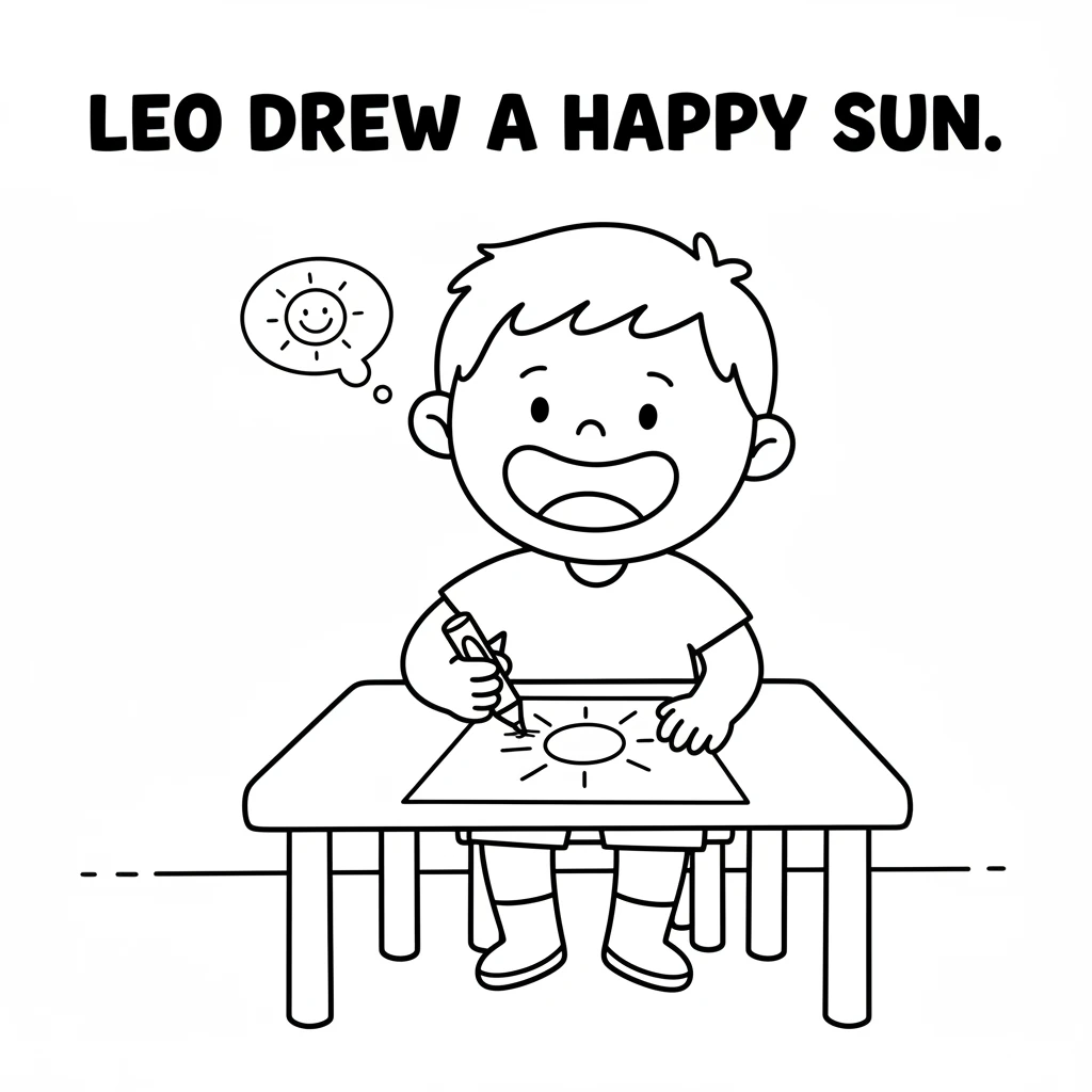 Leo sat at a small table, a big, round smile on his face. He held a crayon tightly in his hand, ready to create something wonderful. On a pure white p