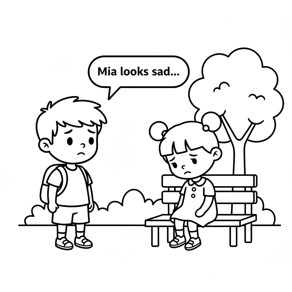 Outside, Leo saw his friend Mia sitting alone on a little bench. Mia's head was down, and her mouth was a small, sad curve. She looked like she needed