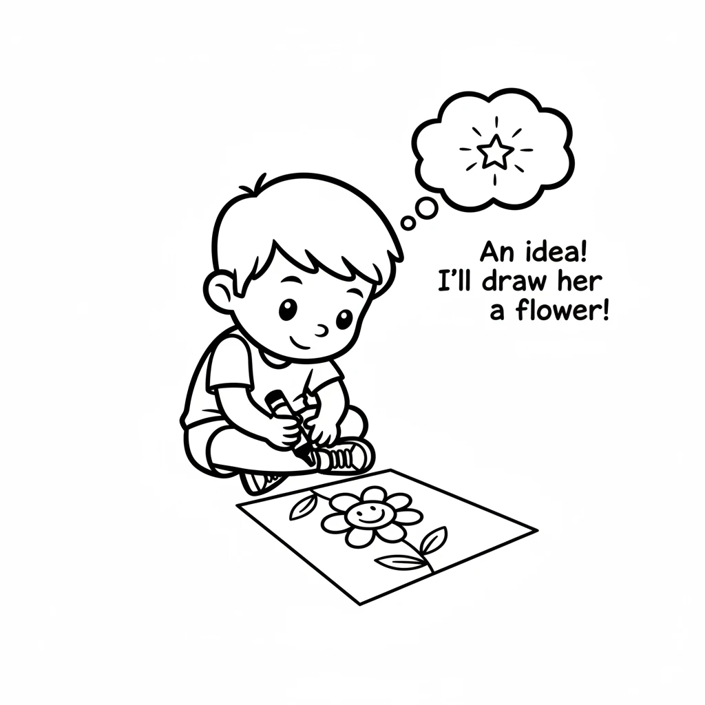 An idea sparked in Leo's mind like a tiny star. He quickly drew a simple, cheerful flower with a big, round center and happy petals. He knew just what