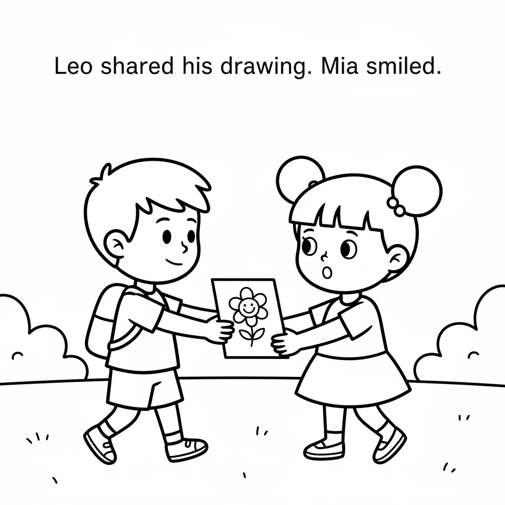 Leo walked over to Mia, holding out the paper with the happy flower. Mia looked up, her eyes wide, and a tiny smile began to bloom on her face. She ge