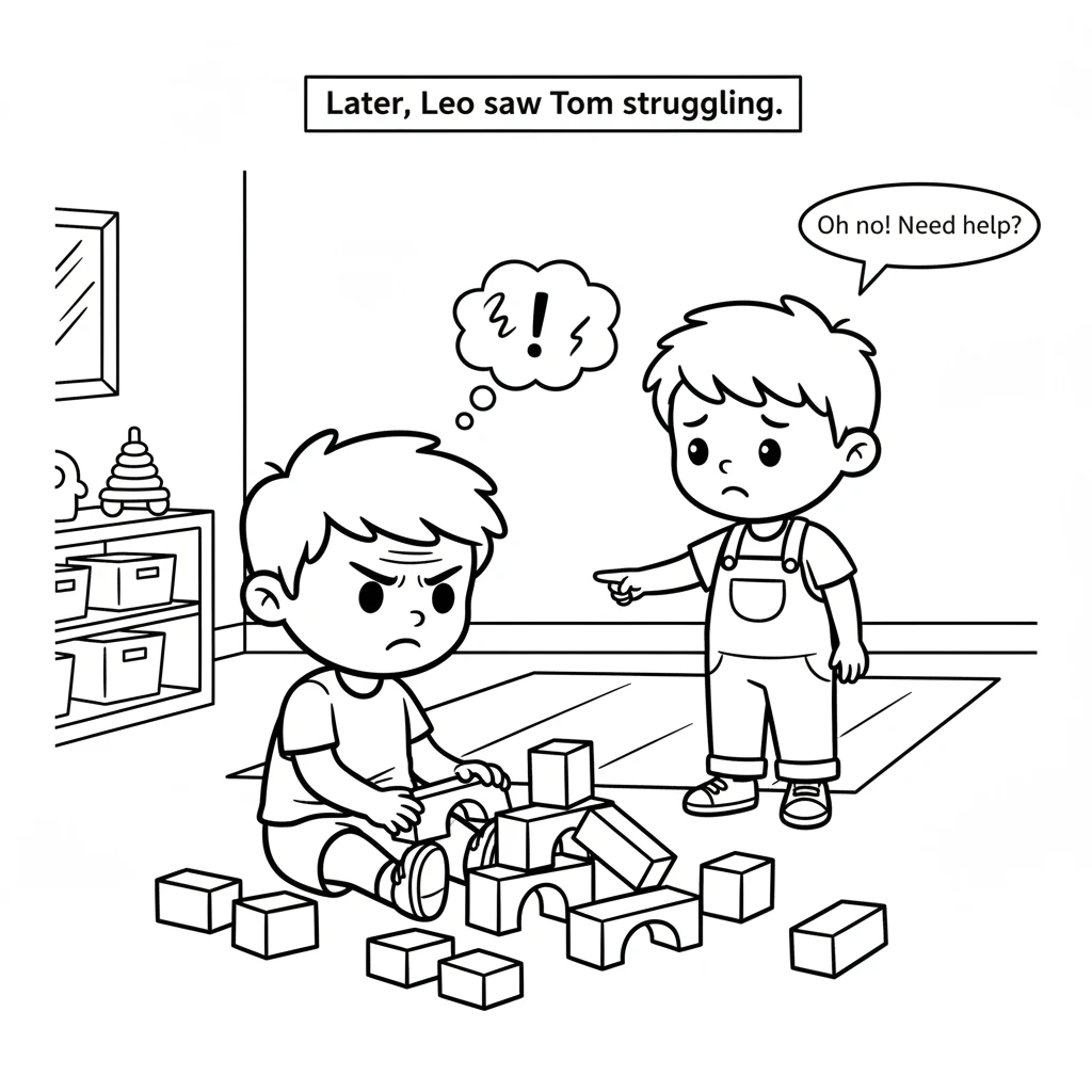 Later, Leo noticed his friend Tom struggling with a tower of blocks. Tom's brow was furrowed, and his shoulders drooped. The blocks kept tumbling down