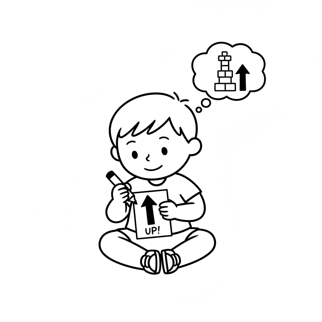 Leo thought for a moment, then quickly drew a simple arrow pointing upwards on a small scrap of paper. He hoped this little drawing would help Tom see