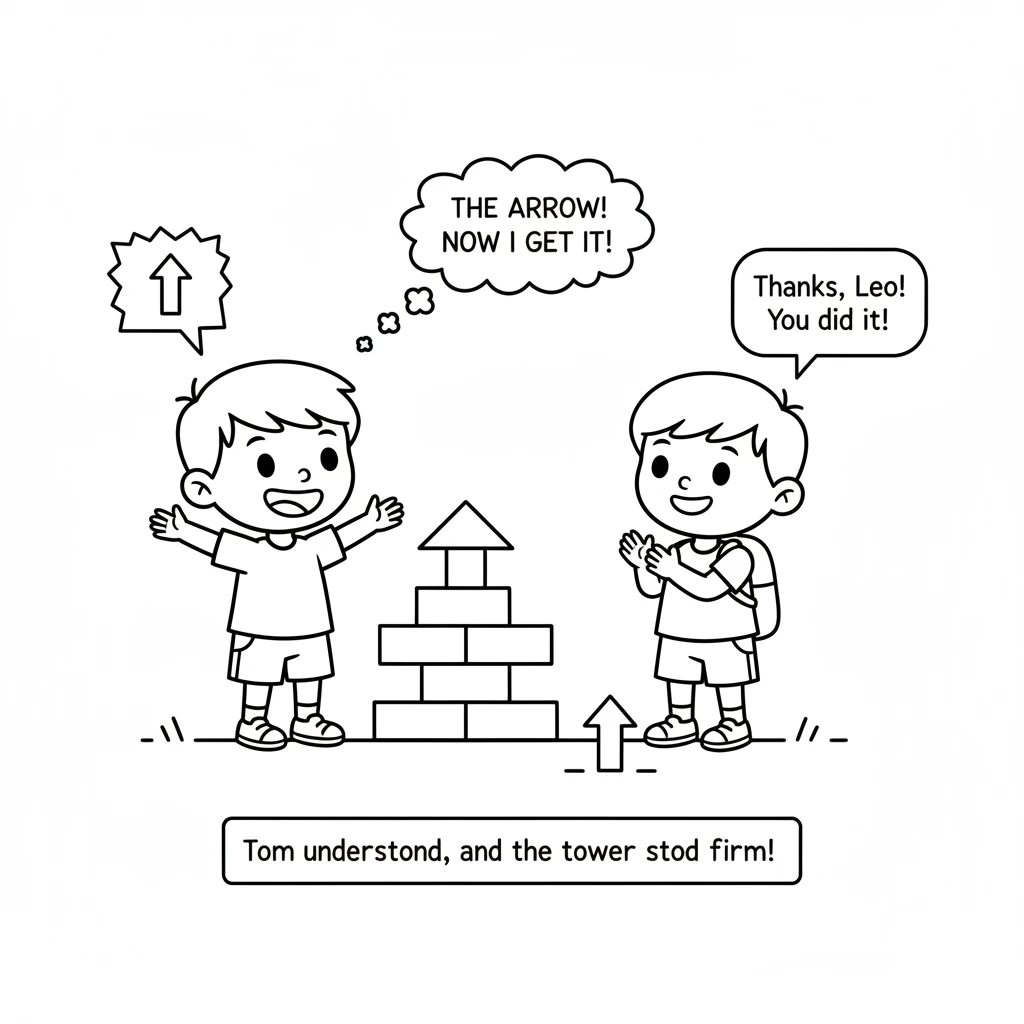 Tom saw the arrow and understood! He carefully placed the next block, and this time, the tower stood firm. Tom looked at Leo and gave him a big, grate