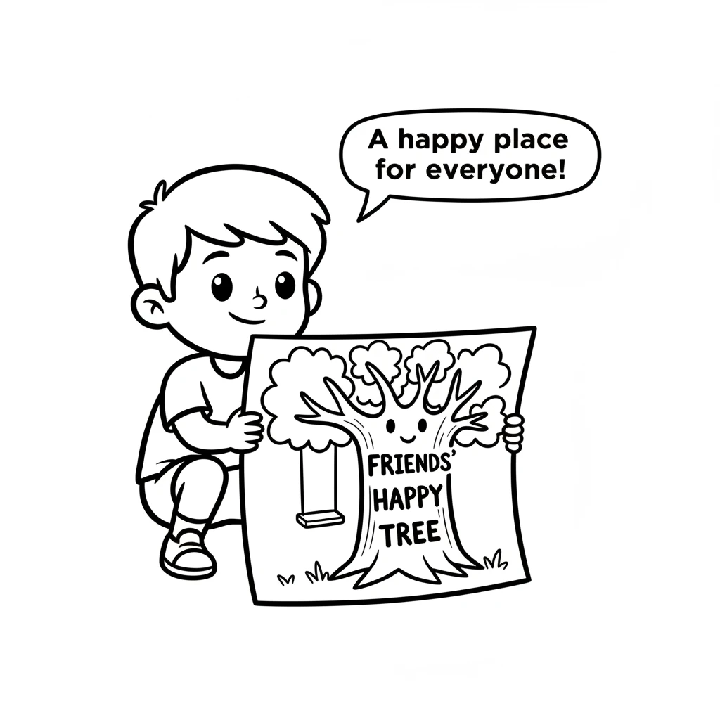 Feeling inspired, Leo decided to draw something for all his friends. He found a large piece of paper and drew a huge, friendly tree with a wide trunk