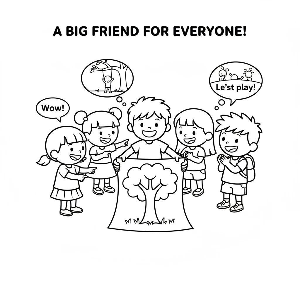 Soon, Mia and Tom and other friends gathered around Leo, admiring the big tree drawing. They all pointed and smiled, imagining playing under its simpl