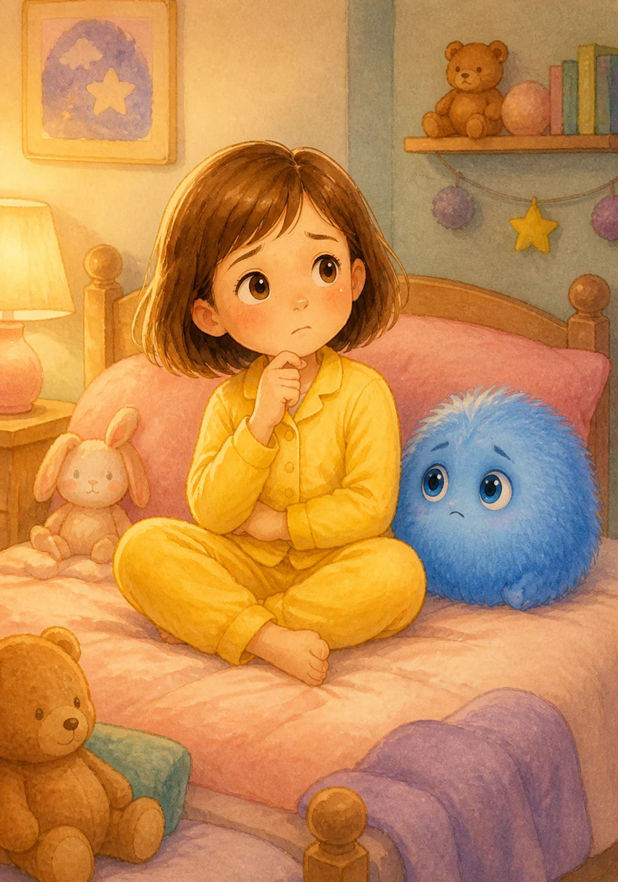 Mia sits in her yellow pajamas. She feels a tiny worry. Mia has short brown hair and sits on her bed with a thoughtful look. Her bedroom is cozy and filled with soft, warm light and plush toys.