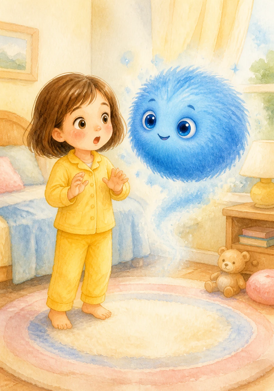 A fluffy blue monster pops up. It is round and fuzzy. The monster has big, gentle eyes and a soft texture like a cloud. It hovers near the rug in a whimsical, non-scary way.
