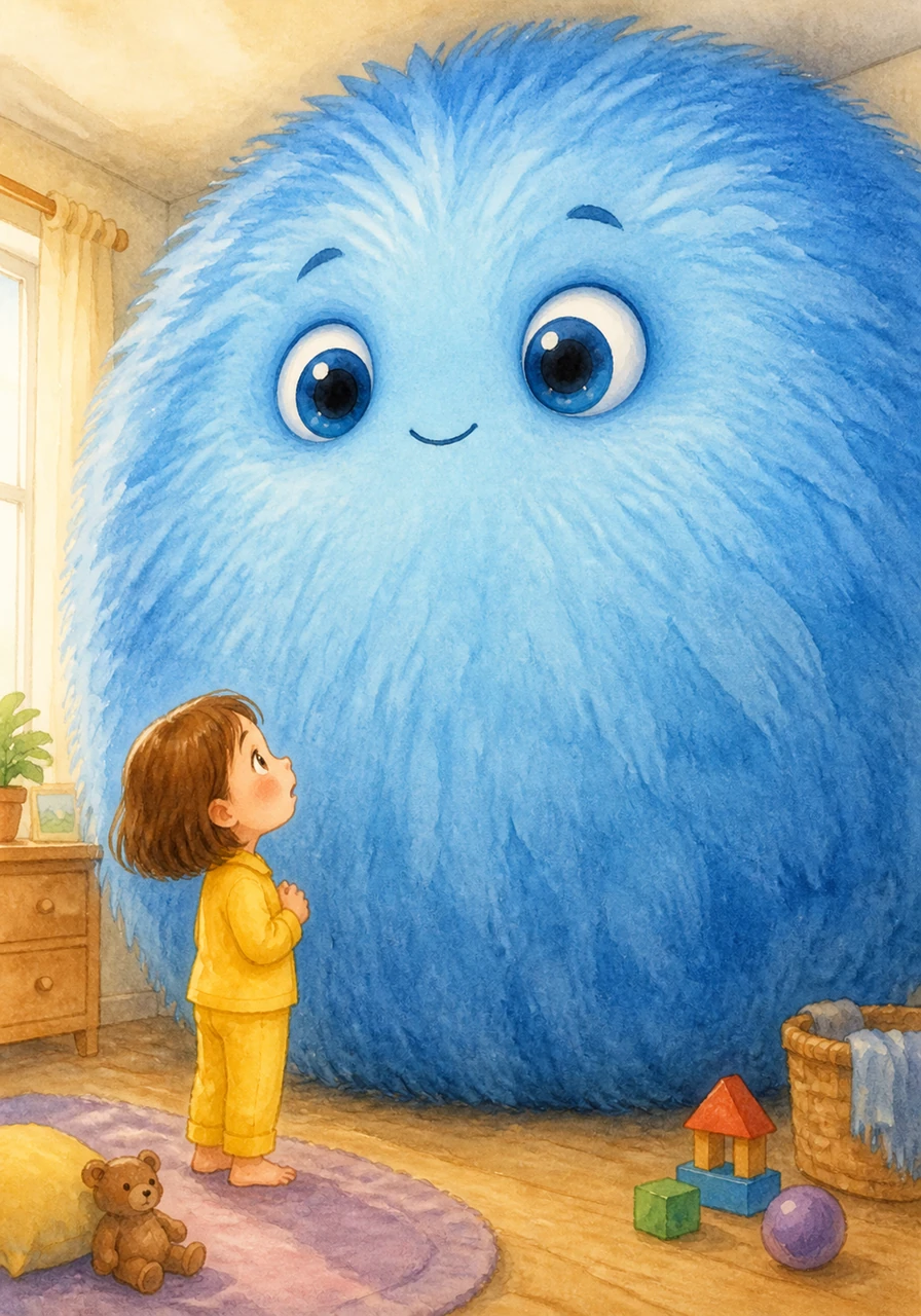 The fluffy monster grows. It is now big and round. The monster fills the room like a giant, soft balloon. Mia looks up at the large blue creature with wide eyes.