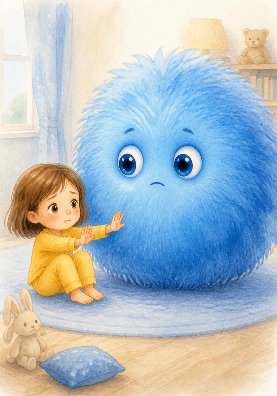 Mia feels small. She tries to make the worry go away. She pushes her hands out, but the big fluffy monster stays right there. Mia looks a bit scared while holding her knees.