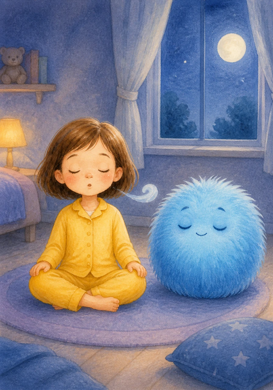 Mia takes a deep breath. She feels the air go out. She closes her eyes and sits up straight and calm. The room feels very quiet and peaceful in the soft moonlight.