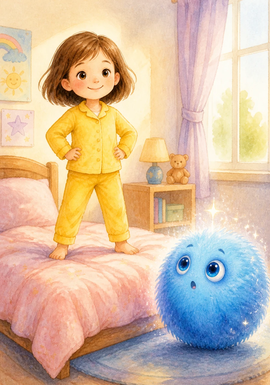 Mia says, I am brave. She feels strong and happy. Mia stands on her bed with a big, confident smile. The blue monster looks surprised and its fur begins to shimmer.