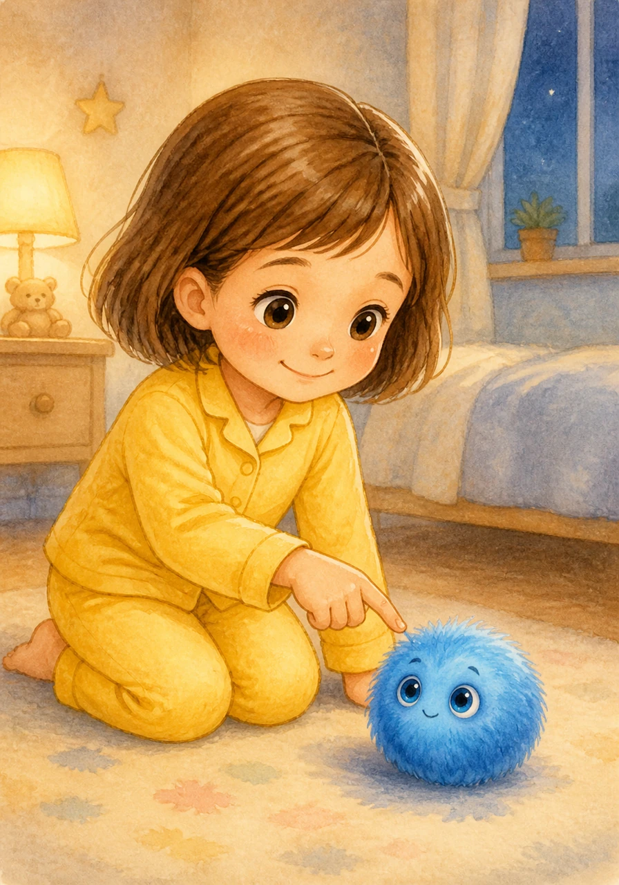 The monster shrinks. It is now tiny and very cute. The monster becomes the size of a small ball. Mia reaches out to touch its soft, blue fur with her finger.