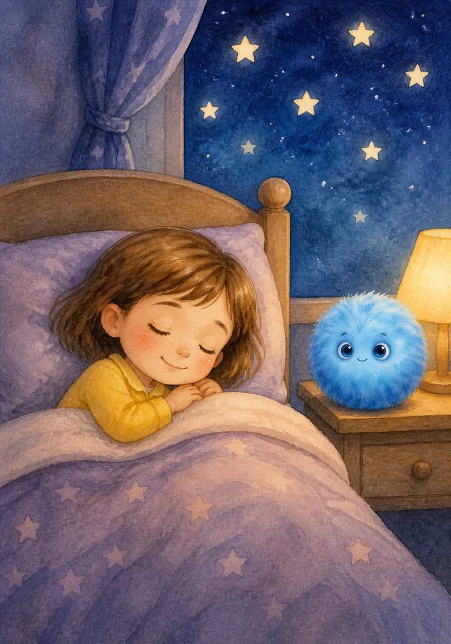 Mia is calm and safe. She falls fast asleep now. Mia is tucked under her warm blankets while the tiny monster rests on her nightstand. The scene is dark and soothing under glowing stars.