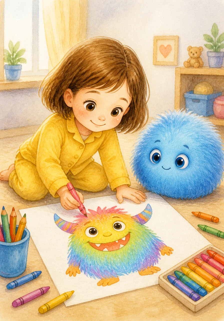 Draw your own worry monster. Use your favorite bright colors! This page shows a large blank space with colorful crayons and pencils nearby. It is a fun and creative activity for children.