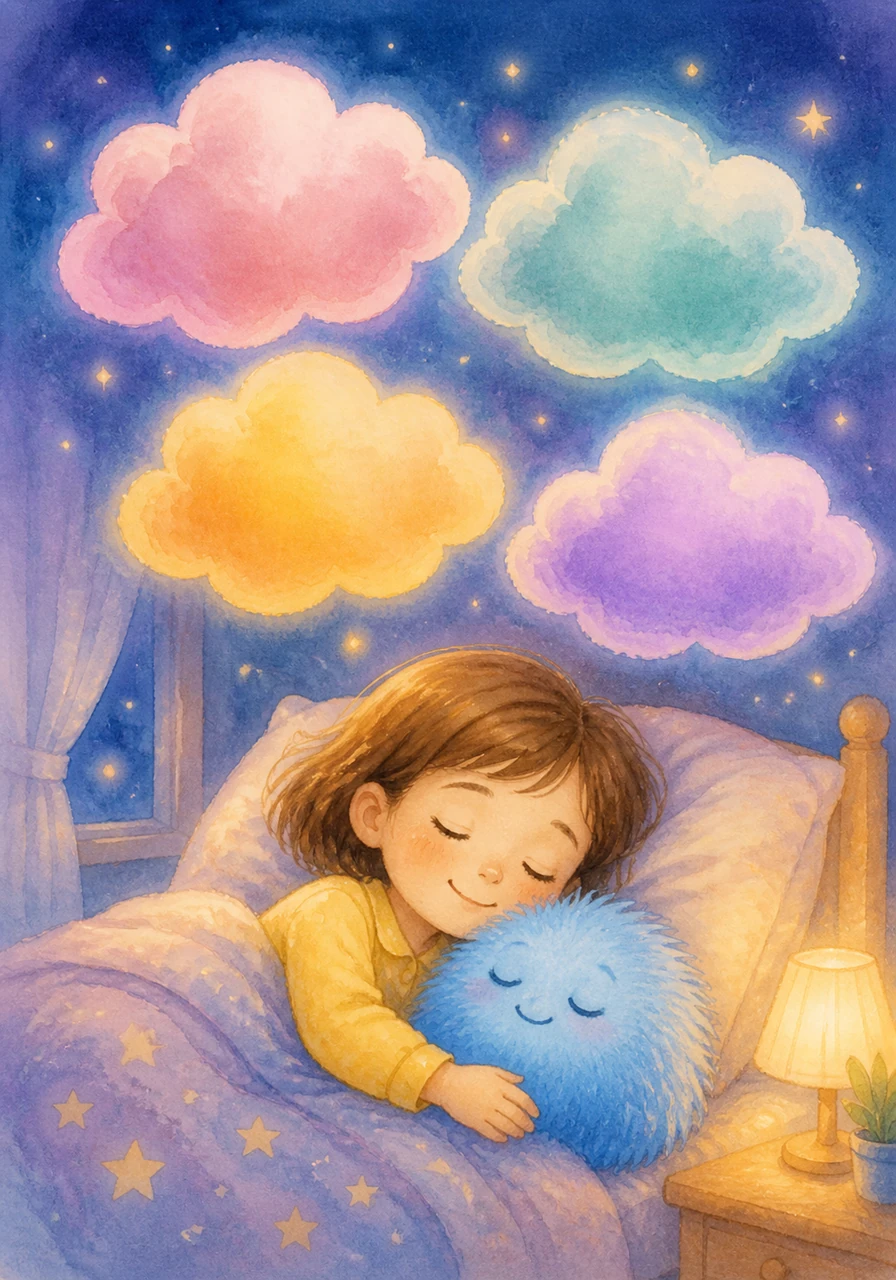 I am brave. I can try. I am okay. I am safe. These four brave lines are written inside soft, colorful clouds. Mia is shown sleeping peacefully in the background of this comforting affirmation page.
