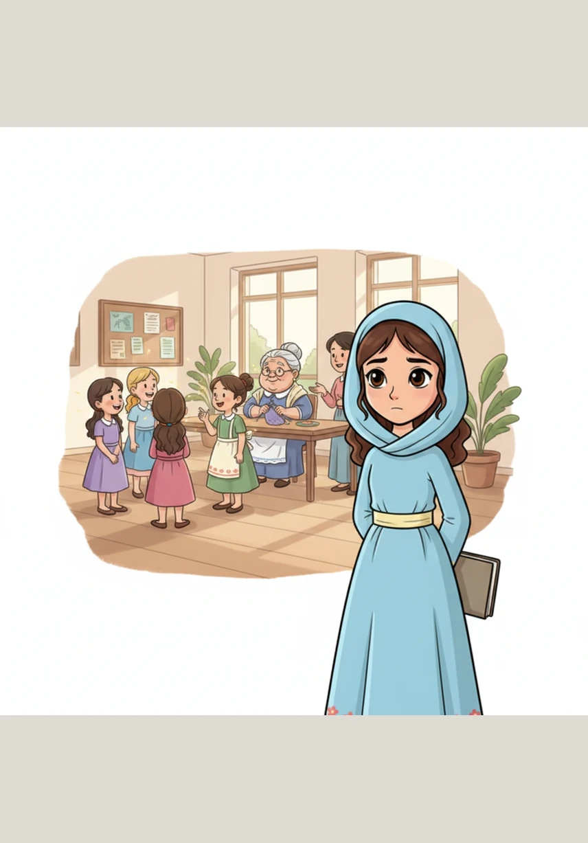 At the community center, Miriam watches a group of girls her age who seem to possess a natural, effortless glow that she feels she lacks. She hides her sketchbook behind her back, convinced that her quiet thoughts and delicate drawings aren't worth sharing with anyone else.