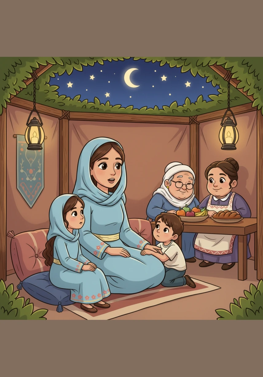 Under the starlit roof of the Sukkah, Miriam shares a story about her ancestors with her younger siblings, her voice steady and clear. For the first time, she doesn't look around to see if others are judging her; she simply enjoys the deep connection of family and faith.