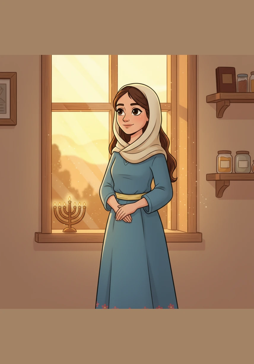 Miriam stands by the window as the sun sets, her expression calm and her spirit grounded in a new-found strength. She is no longer the girl hiding in the shadows, but a young woman who knows that her inner light is the most beautiful thing she possesses.