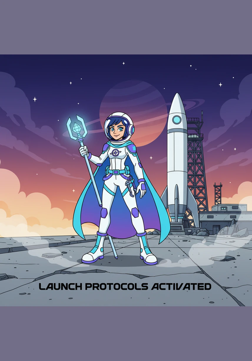 Astra stands on a desolate, grey launchpad, her sleek white spaceship humming with readiness. She looks back at the dusty horizon of her home planet one last time before climbing into the cockpit.