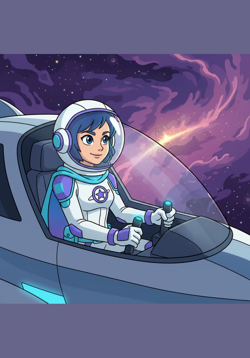 A faint, golden glimmer appears on the edge of a swirling purple nebula, catching Astra's eye. She steers her craft toward the light, feeling a strange and hopeful pull in her chest.