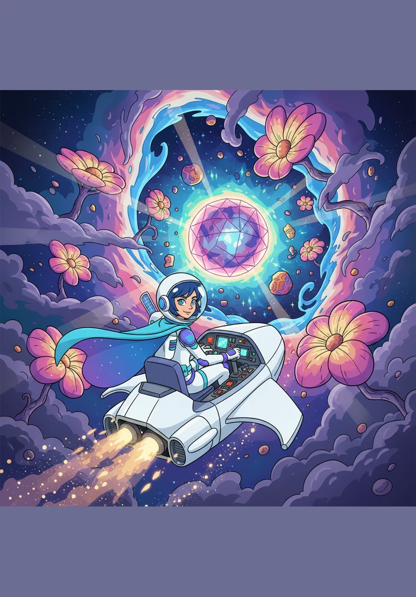 The ship emerges into a hidden galaxy where every star is the heart of a massive, radiant sunflower. Thousands of golden blooms stretch across the horizon, turning their heads toward a central, glowing sun.