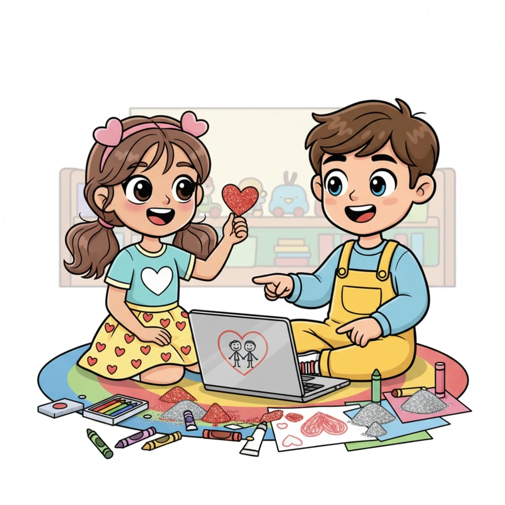 Lily and Tom, with bright smiles and sparkling eyes, sat amidst a playful mess of crayons, glitter, and a laptop. They were buzzing with excitement, brainstorming the perfect Valentine's Day project. "Let's make something super special about our friendship!" Lily exclaimed, holding up a heart-shaped sticker.