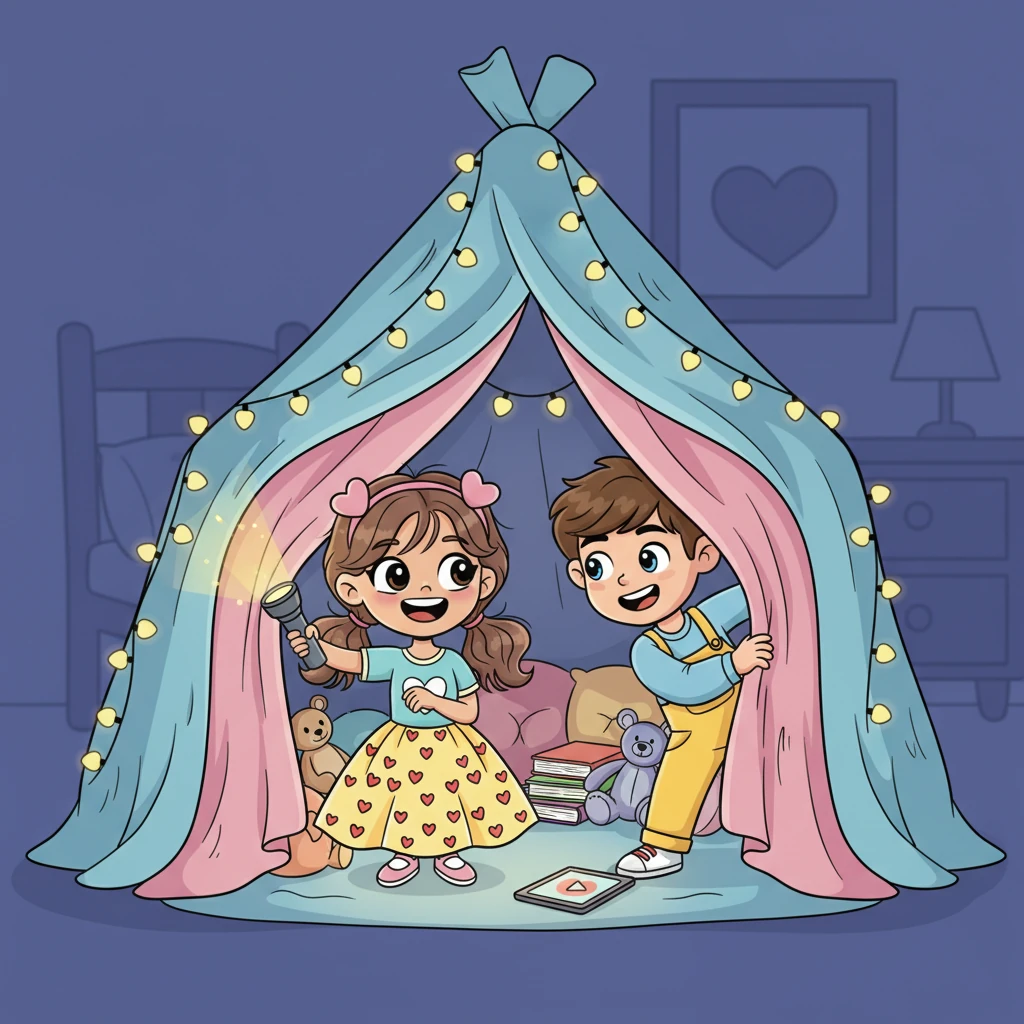 Their first big idea was to build a 'Friendship Webpage' to showcase all their fun times. Tom giggled, remembering their magnificent pillow fort adventure, complete with twinkling fairy lights and whispered secrets. They imagined an illustration of them peeking out from a giant, cozy fort, their faces lit by a flashlight.