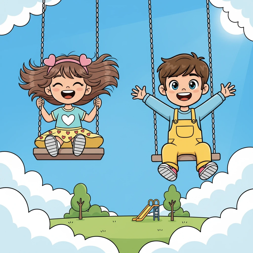 Next, they recalled a glorious sunny day at the park, where they swung so high their feet almost touched the fluffy white clouds. Lily's hair streamed behind her, and Tom's arms stretched wide, both with huge, joyous grins. It was a memory full of laughter and soaring freedom.