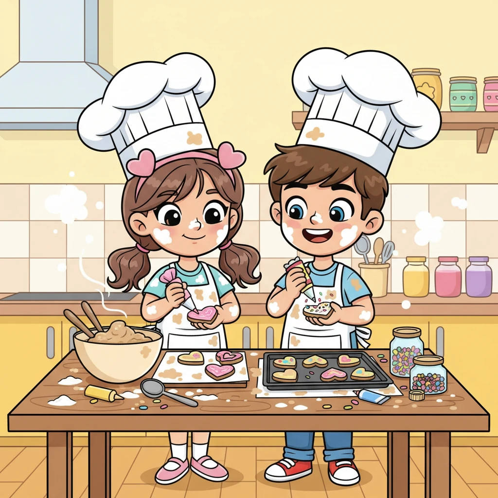 They also remembered a flour-dusted afternoon baking heart-shaped cookies for their families. Their noses were comically smudged with white, and their chef hats were askew. The scene was full of sweet chaos and delicious smells, as they carefully decorated each treat with colorful icing.