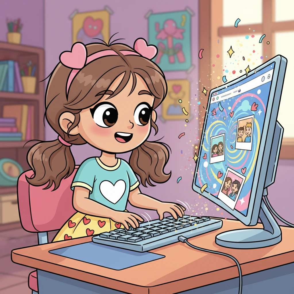 Lily took charge of the 'webpage design,' adding vibrant, swirling backgrounds and playful animations. She made the digital pages sparkle with virtual glitter and confetti, turning their memories into a dazzling online gallery. Her fingers danced across the keyboard, bringing their friendship to life.