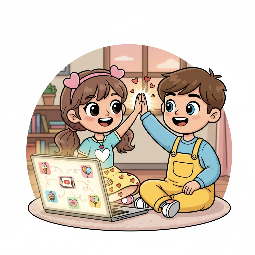 Finally, their Valentine Friendship Webpage was complete! They leaned in close to the laptop screen, their eyes wide with pride and accomplishment. A huge, triumphant high-five sealed their collaborative masterpiece, glowing with all their cherished moments.