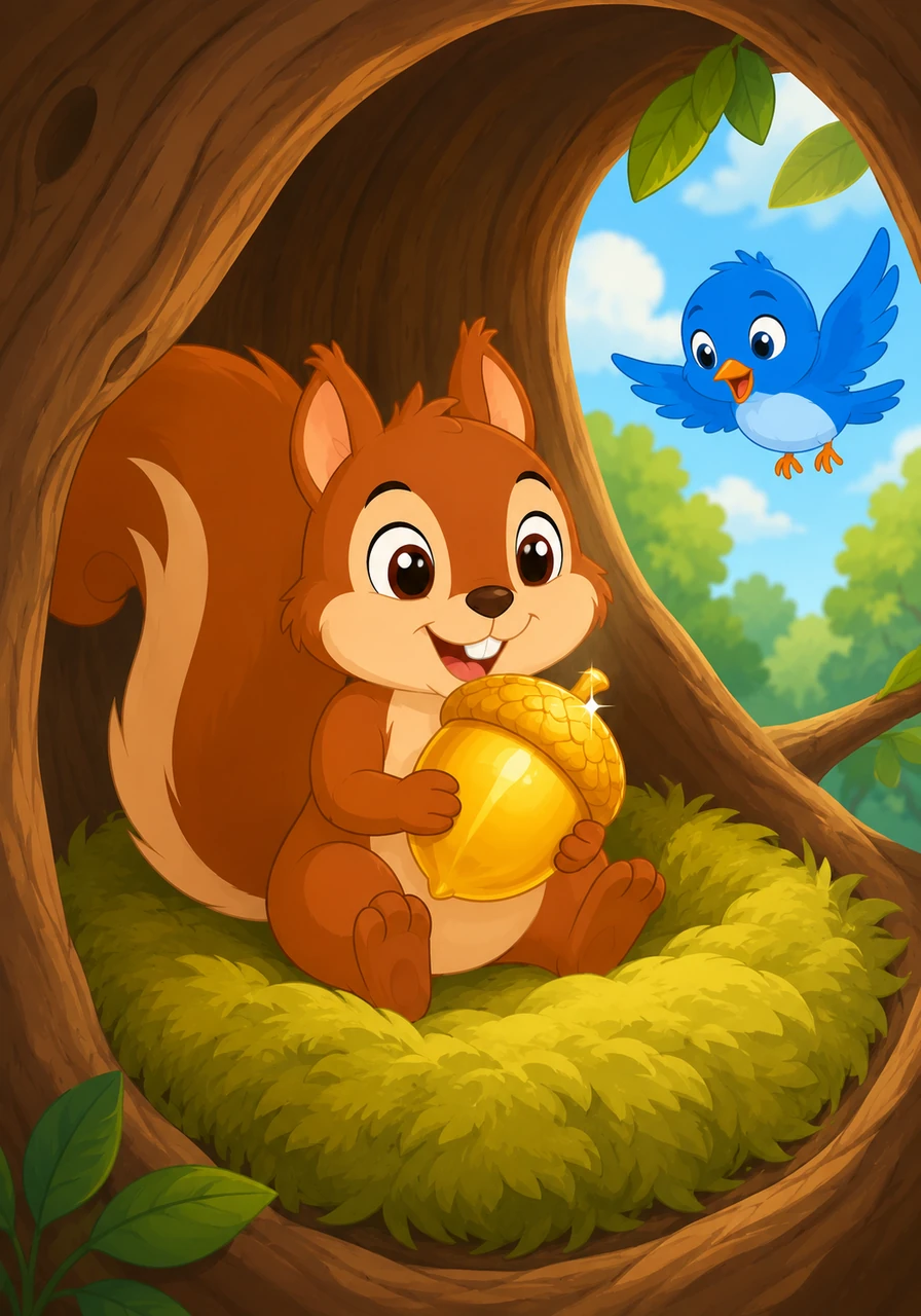 Sammy the Squirrel wakes up in his cozy tree hollow and finds a beautiful, shiny golden acorn sitting on a soft bed of moss. He holds the treasure tight with his tiny paws, feeling like the luckiest squirrel in the Sunny Woods.