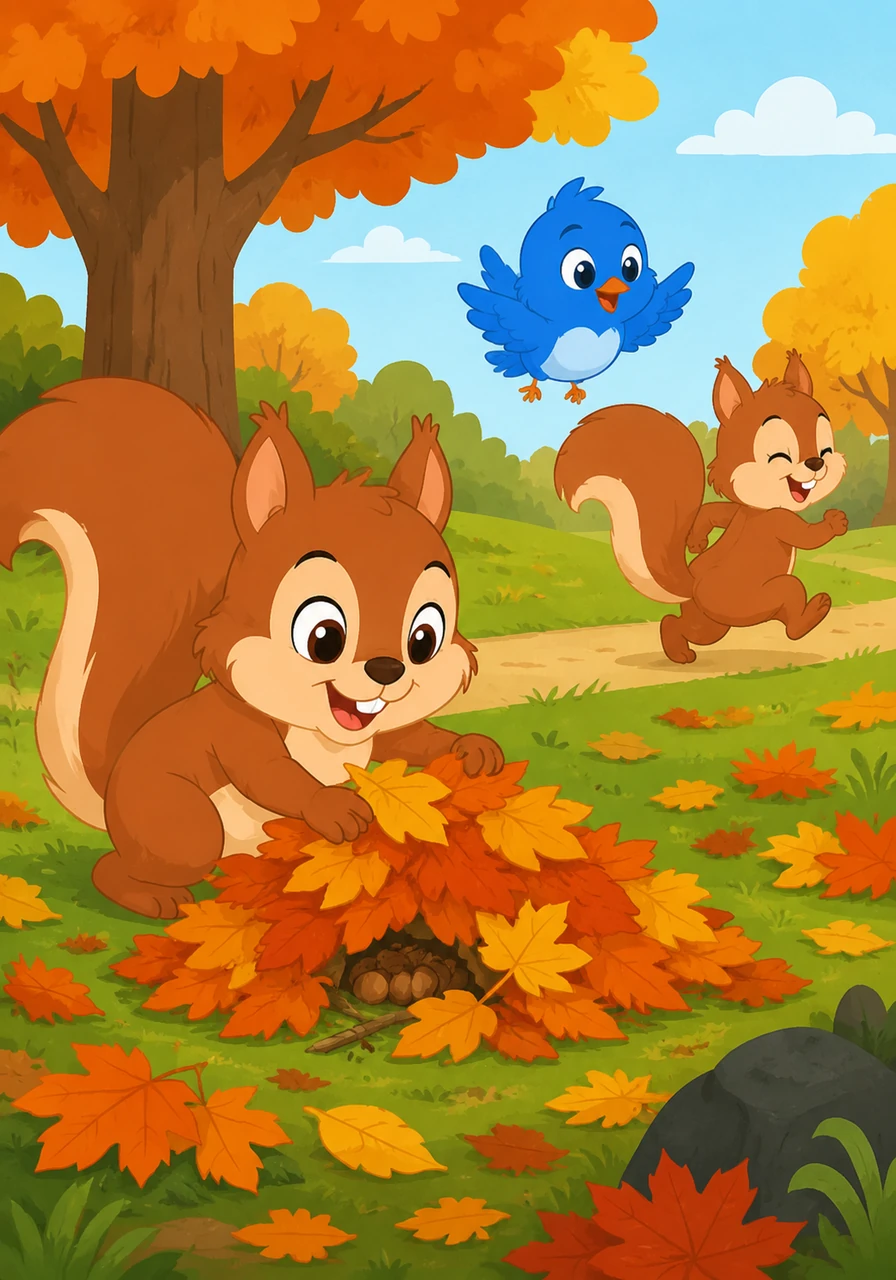 Sammy decides to keep his treasure safe until snack time, so he carefully hides it under a thick pile of bright orange and yellow autumn leaves. He skips away happily, twitching his bushy tail as he goes to play with his friends.