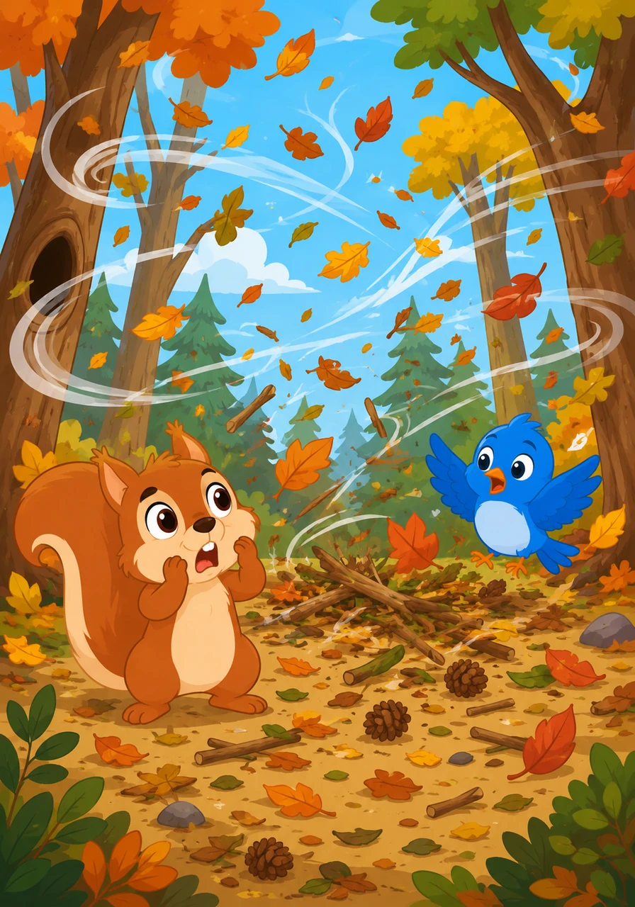 Suddenly, a big, playful wind whooshes through the tall trees, swirling the colorful leaves high into the air and scattering them everywhere. When the wind stops, Sammy’s secret hiding spot is gone, and the forest floor looks completely different.