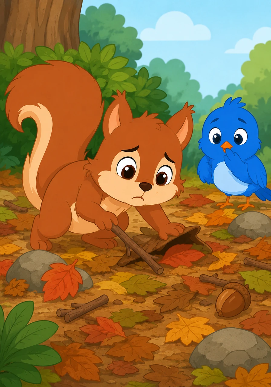 Sammy rushes back to the bush, but his golden acorn is nowhere to be seen among the scattered leaves. He looks under every twig and behind every pebble, feeling a little bit sad and worried as he searches and searches.