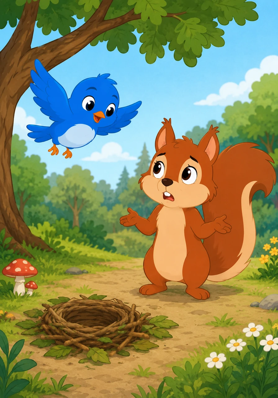 Pip the Bluebird flies down from a nearby oak branch and asks Sammy why he looks so upset. Sammy explains that his special golden acorn has vanished, and he doesn't know where the wind might have blown it.