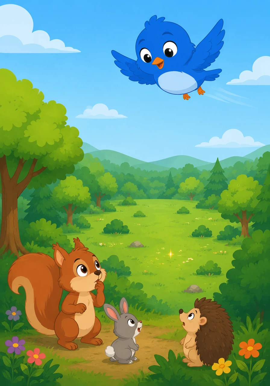 Pip tells Sammy not to worry because he can see much further from the sky than Sammy can from the ground. The little blue bird spreads his wings and flies high above the forest floor, looking for a tiny golden sparkle in the grass.