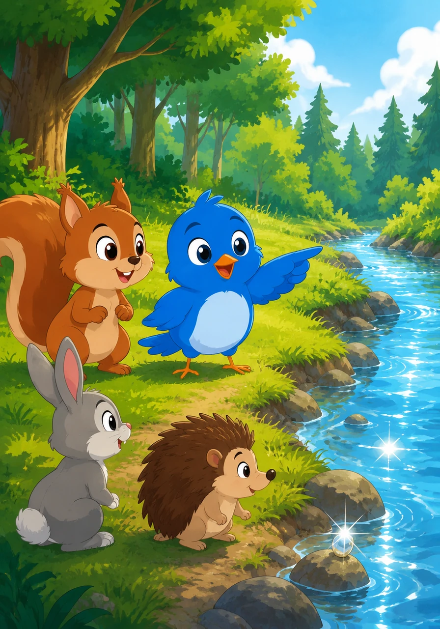 Pip chirps loudly and points his wing toward the sparkling blue stream at the edge of the woods. He spots something bright reflecting in the afternoon sunlight, tucked away near the water’s edge.