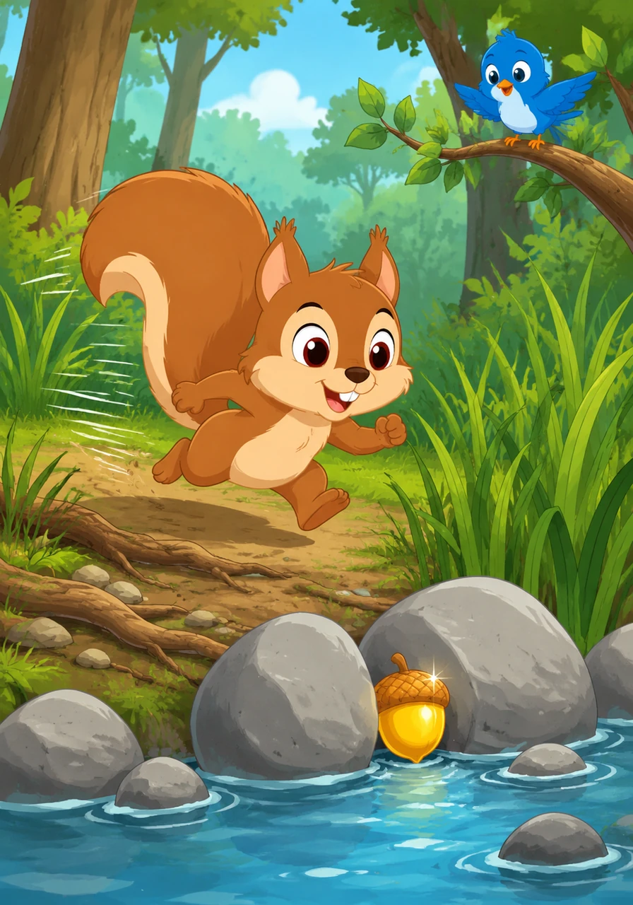 Sammy runs as fast as his little legs can carry him over the roots and through the tall grass to the edge of the stream. There, tucked safely between two smooth, grey stones, is his precious, shiny golden acorn.