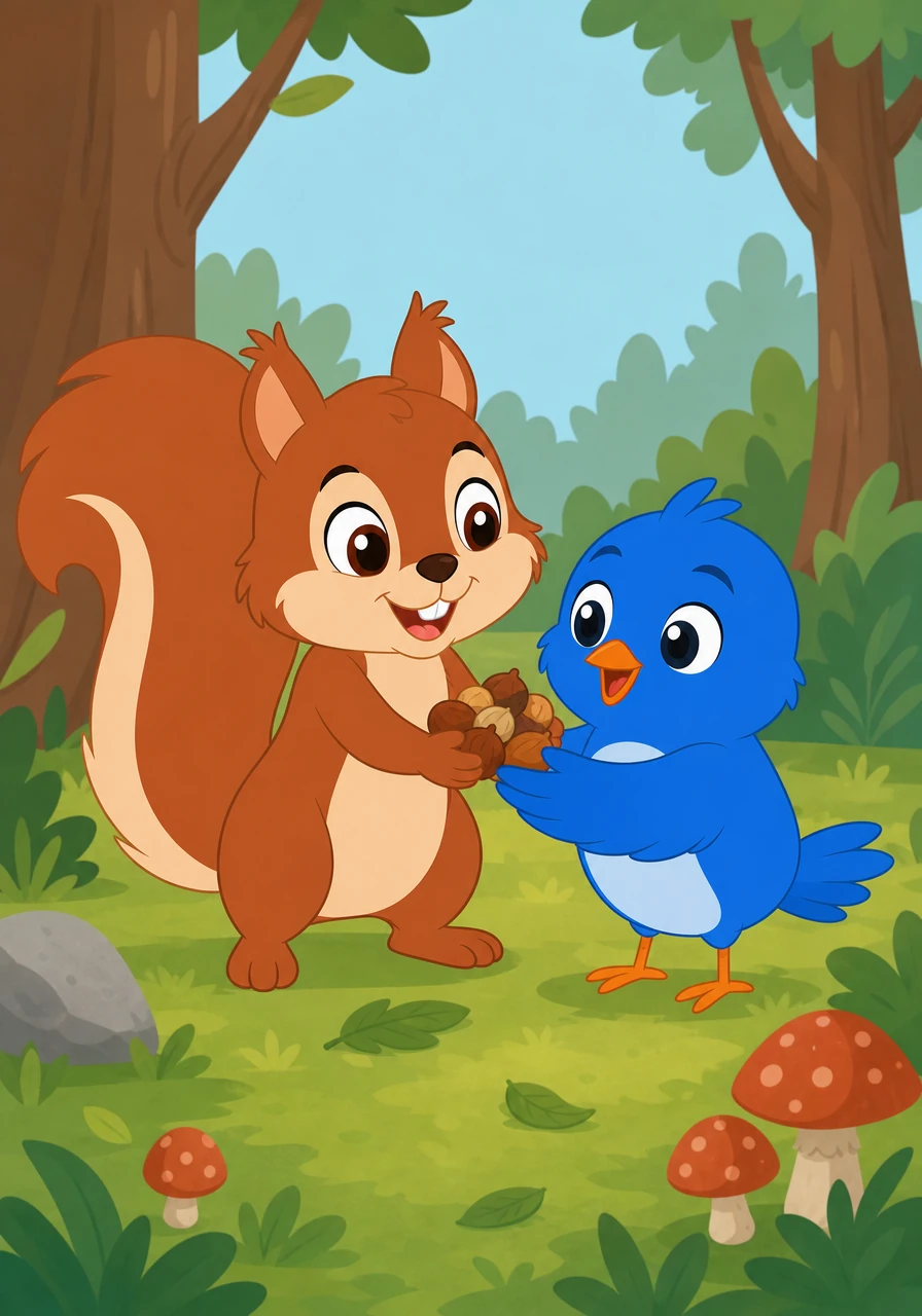 Sammy carefully picks up his treasure and gives Pip a big, happy smile to say thank you for the help. He decides that instead of hiding it, he will share a delicious pile of regular nuts with his new friend right now.