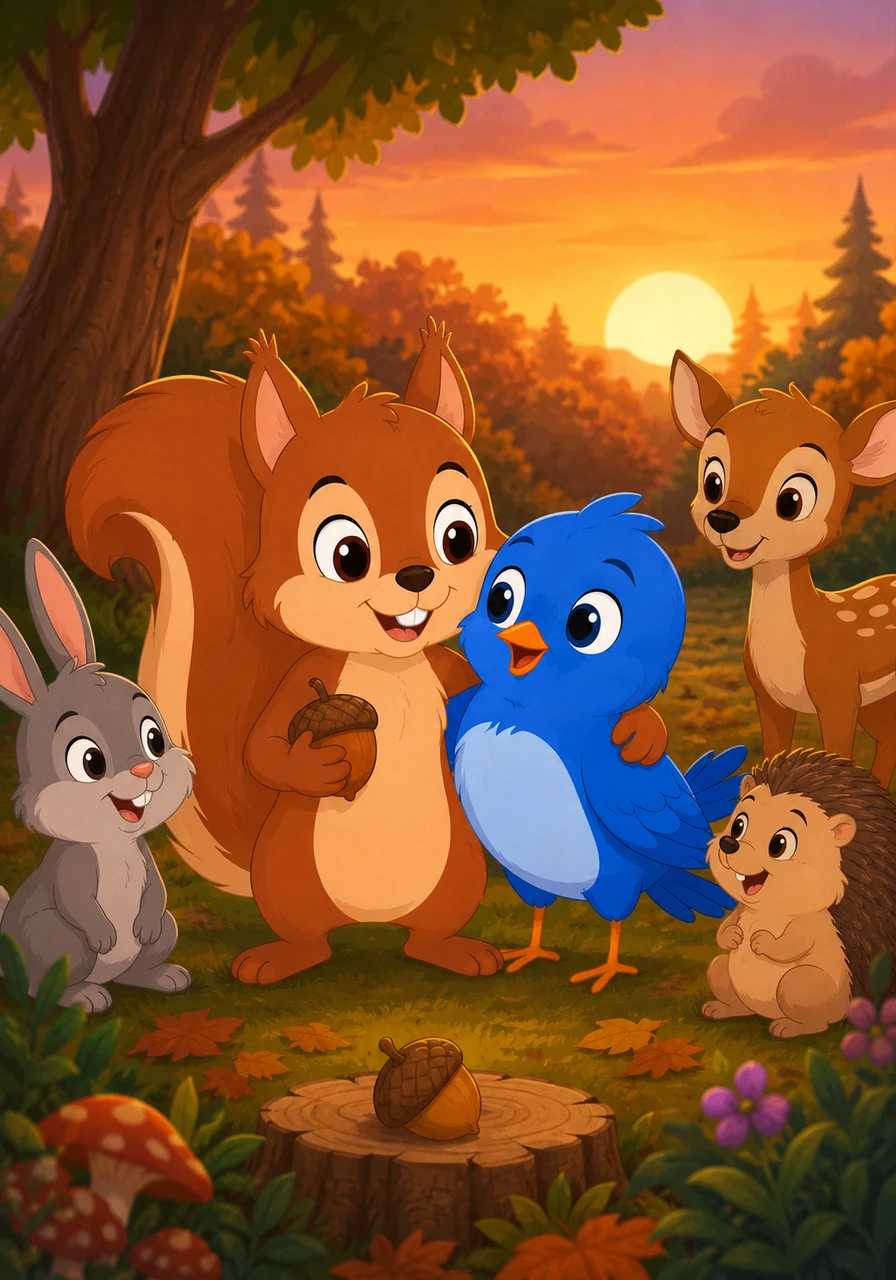 As the sun begins to set, Sammy realizes that while the acorn is special, having a friend like Pip is the greatest treasure of all. To finish our story, can you answer these: Who is the squirrel? What did he lose? When did the wind blow? Where was the acorn found? Why is Sammy happy now?