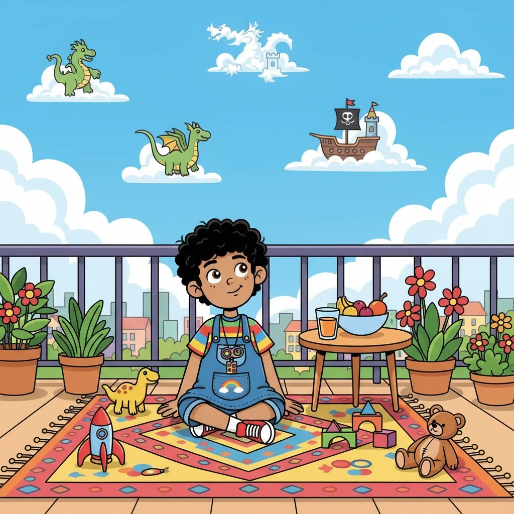 Tito, un niño de ojos curiosos y cabello color sol, amaba observar el mundo. Se sentaba en su balcón, rodeado de sus juguetes favoritos, y miraba las nubes pasar, imaginando formas y figuras fantásticas. Cada día era una nueva aventura, un nuevo descubrimiento en su universo personal.