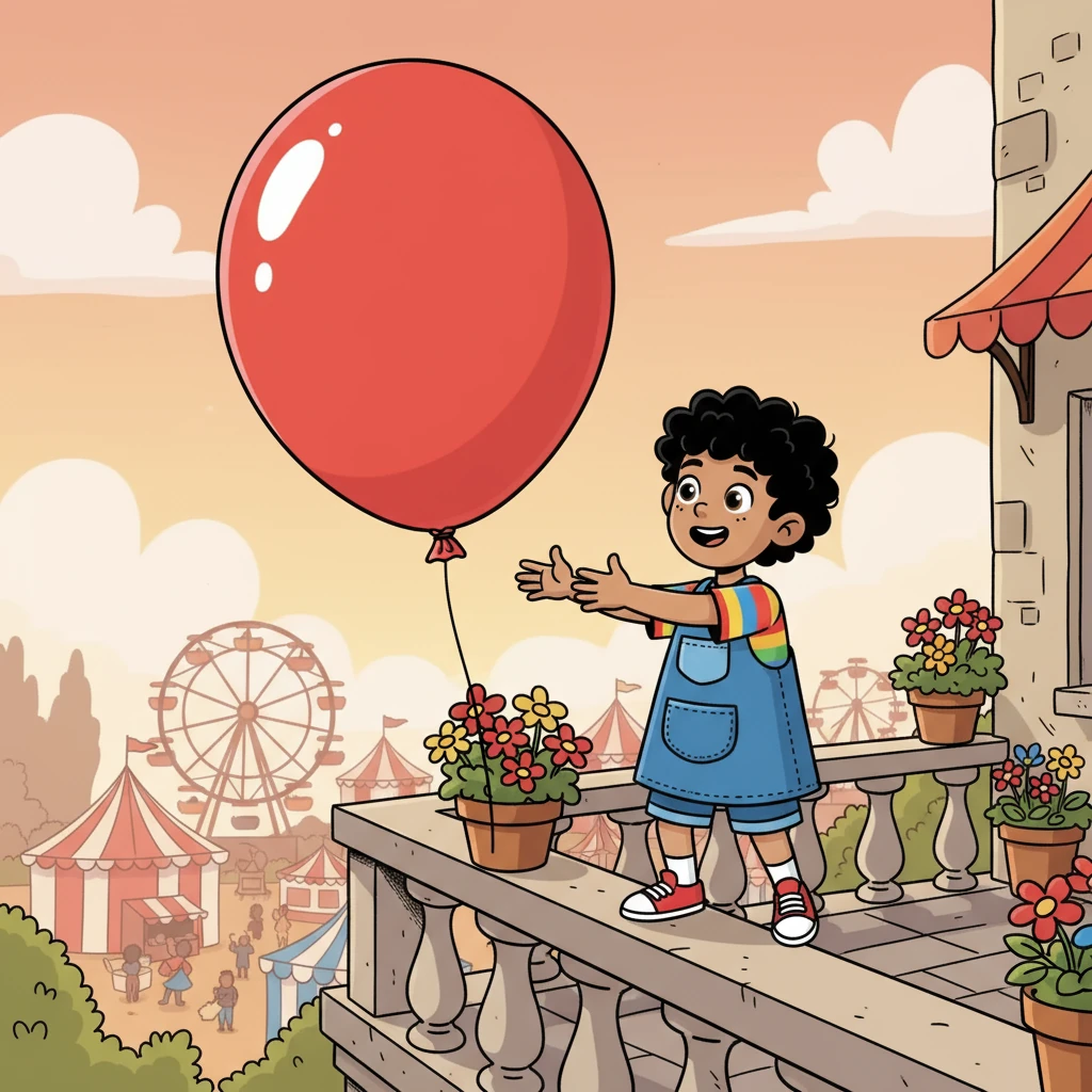 Un gran globo rojo, escapado de la feria, llegó flotando hasta su balcón. Tito, fascinado, sintió una conexión especial con ese globo. Decidió que sería su compañero de viaje, su amigo en esta aventura de descubrimiento.