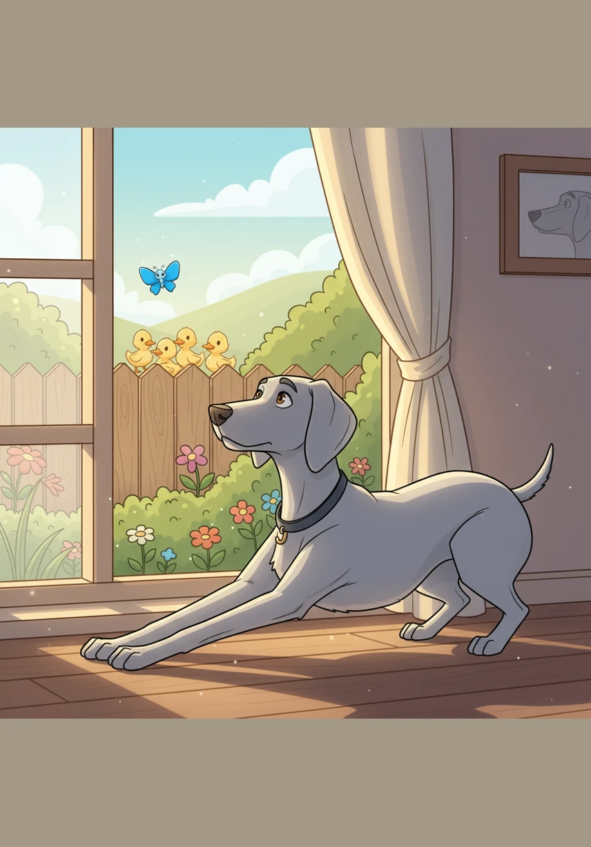 Japie the Weimaraner wakes up as the morning sun paints his silver coat with a soft, metallic glow. He stretches his long legs and looks out the window, dreaming of the secrets hidden beyond the garden fence.