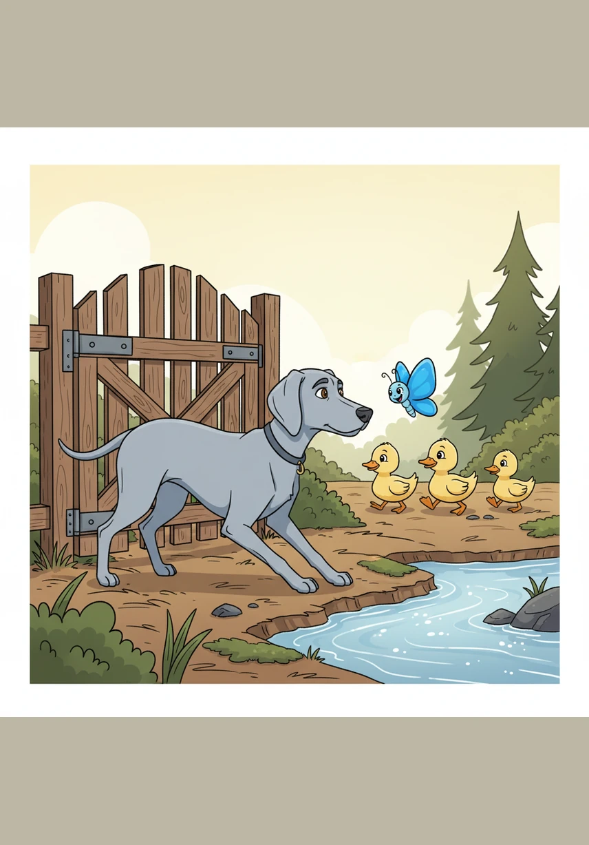 With a quiet wiggle of his tail, Japie finds a small gap under the gate and slips out into the wide world. The air is fresh and filled with the enticing scent of pine needles and distant, flowing water.