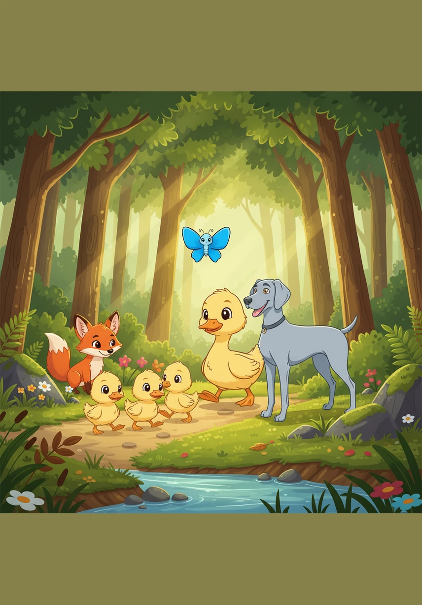 The golden sunlight filters through the canopy of tall trees as Japie enters a cool, emerald-green forest. He pauses to sniff a mossy log, listening to the soft rustle of leaves and the distant sound of splashing water.