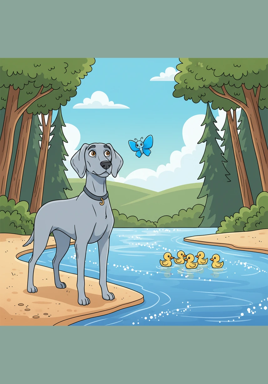 Finally, the trees part to reveal a wide, sparkling river that glitters like a thousand diamonds in the sun. Japie stands on the sandy bank, his amber eyes wide with wonder at the sight of the rushing blue water.