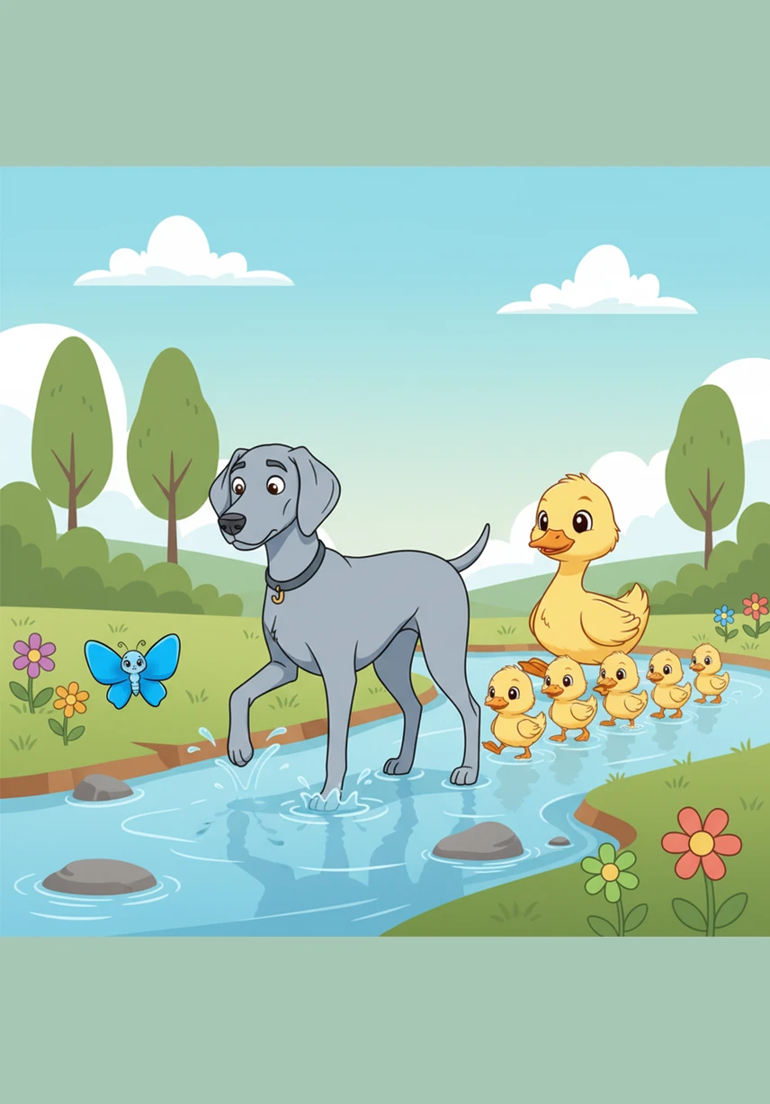 He steps cautiously into the cool shallows, feeling the refreshing water swirl around his ankles and paws. Japie lets out a happy bark as he splashes playfully, watching the ripples travel toward the center of the stream.