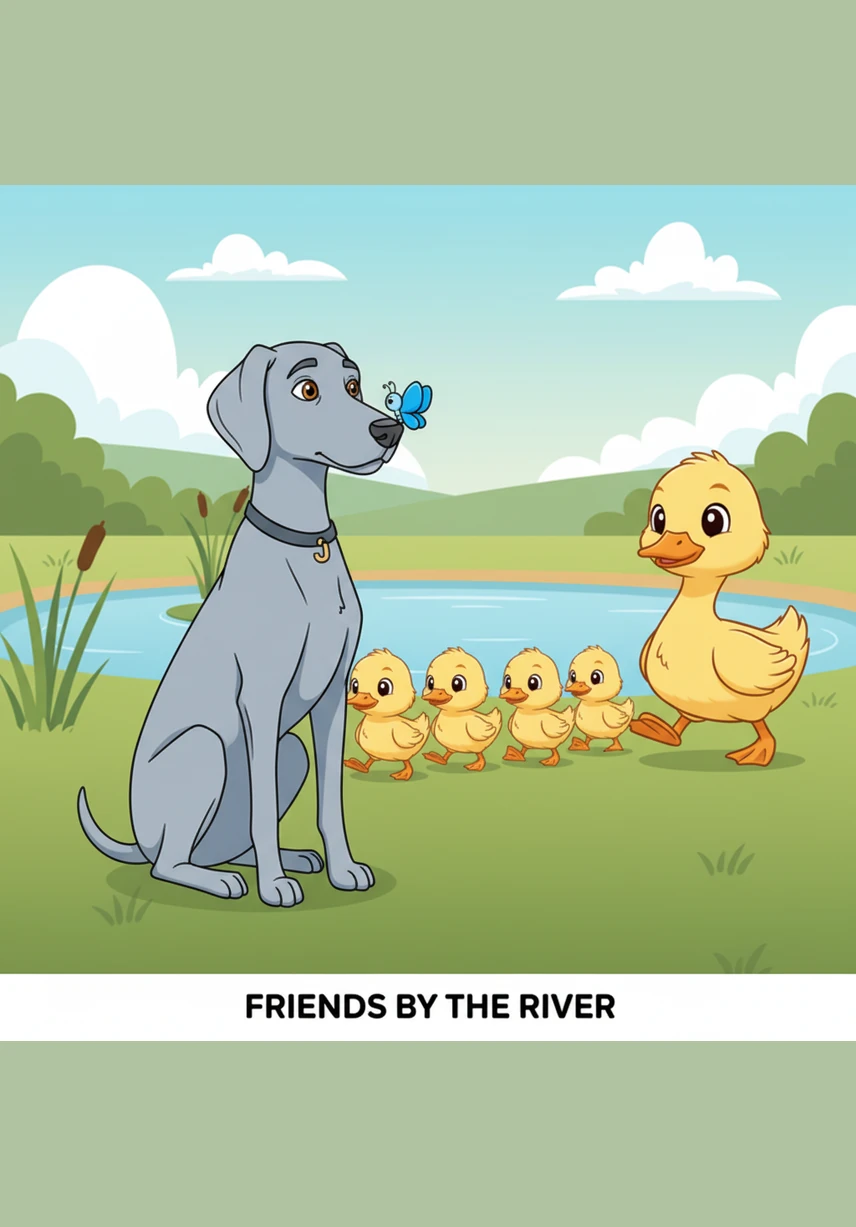 A group of fluffy ducklings paddles past him in a neat line, following their mother through the tall green reeds. Japie sits perfectly still, watching them with a gentle and curious gaze as they navigate the gentle current.