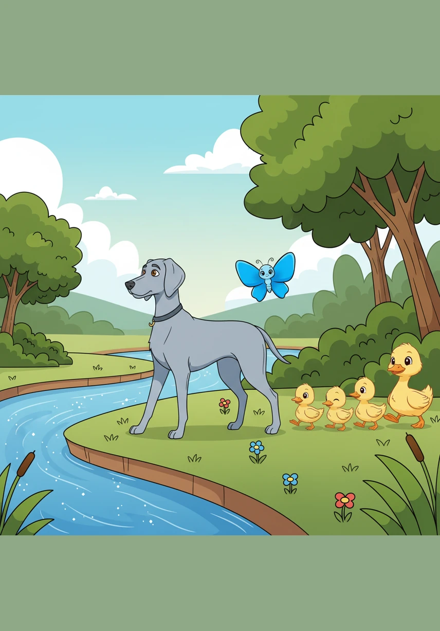 As the sky turns a soft shade of pink and orange, Japie turns around to head back toward his warm, familiar house. He carries the fresh scent of the river on his fur and a sense of peaceful accomplishment in his heart.